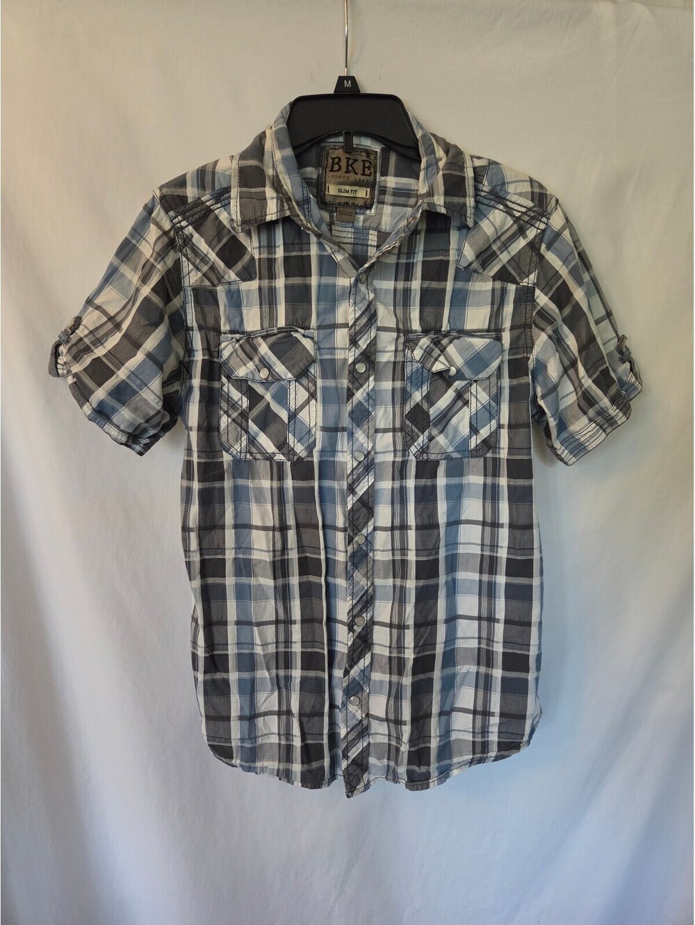 BKE Men's Medium Slim Fit Plaid Western Pearl Snap Shirt Blue Gray Cowboy